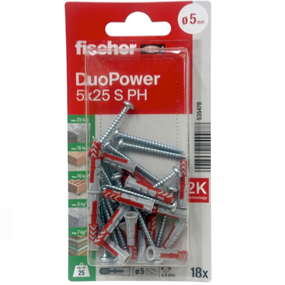 FISCHER 5MM X 25MM DUOPOWER With Stainless Steel Screws 18PC/PACK 535478